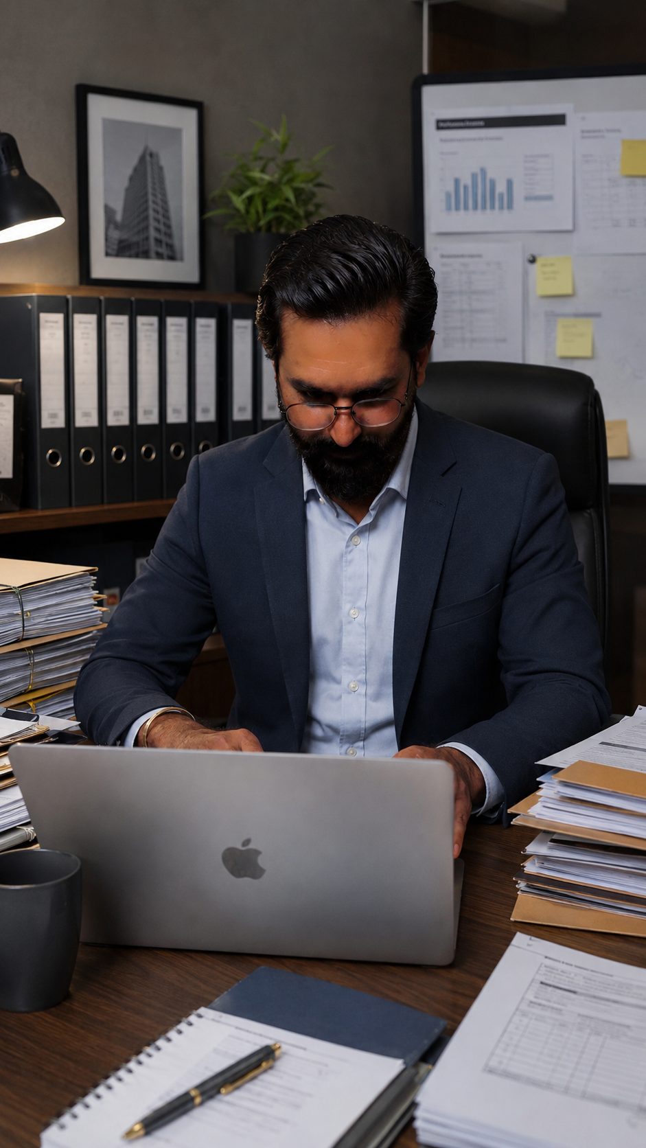 Exhausted professional at a cluttered desk